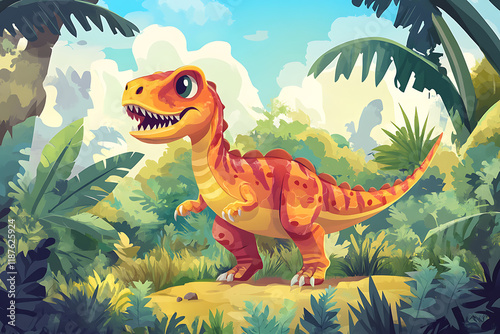 Fototapeta Naklejka Na Ścianę i Meble -  A cartoon dinosaur stands in a lush, vibrant prehistoric landscape.