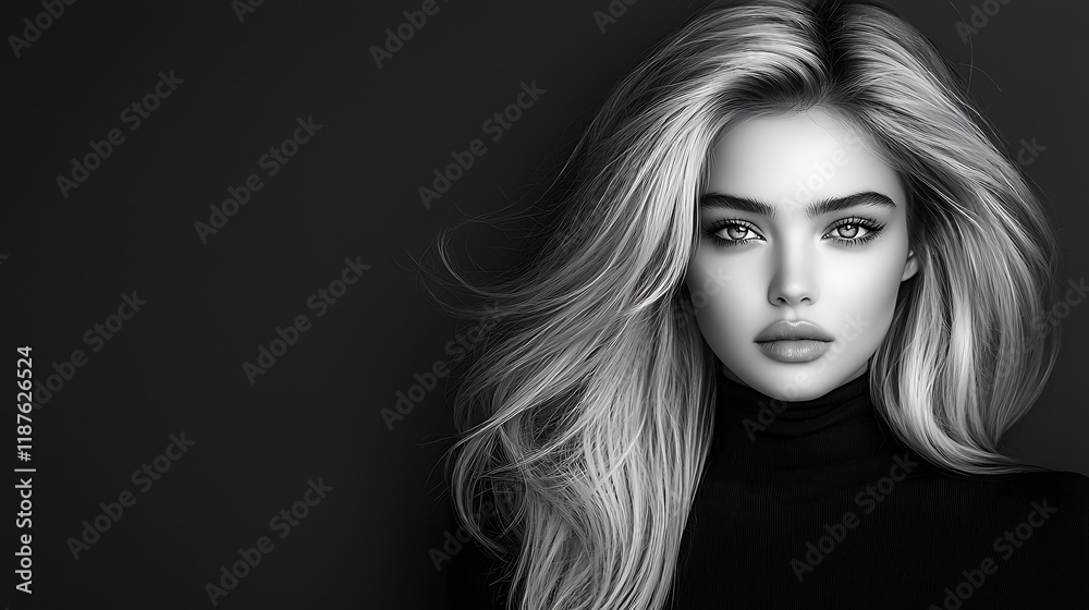 Fototapeta premium Contemporary monochrome portrait sophisticated model thoughtful pose clean background natural lighting Ultra-Realistic Photo Realistic highly detailed 