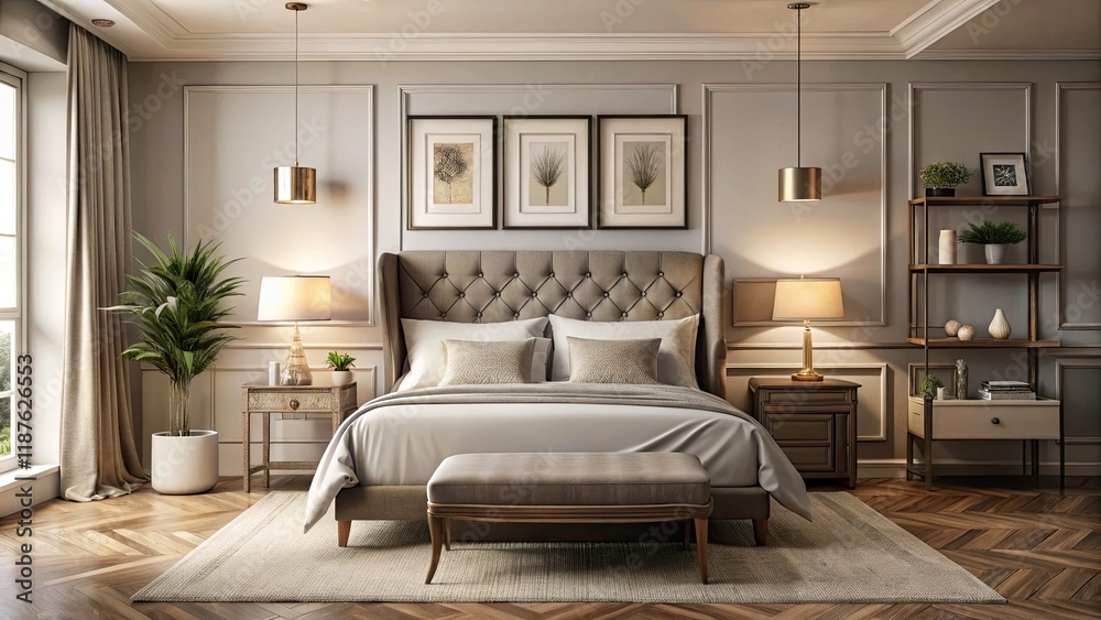 Fototapeta premium Vintage Style Bedroom with Contemporary Upholstered Bed Frame and Serene Aesthetic
