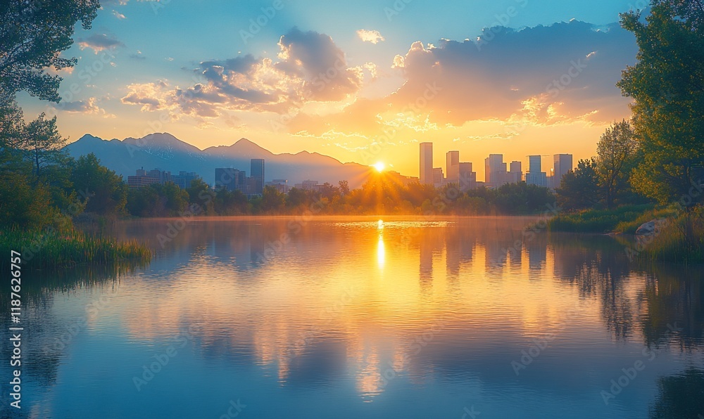 City sunrise, lake reflection, mountain backdrop, peaceful scene, ideal for travel brochures City sunrise, lake reflection, mountain backdrop, peaceful scene, ideal for travel brochures