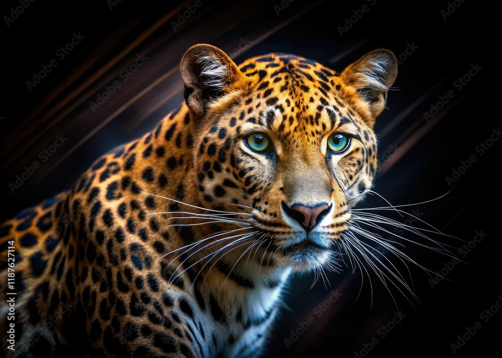 Obraz premium Long Exposure Leopard Black Background AI Photo, Wildlife Photography, Nocturnal Leopard