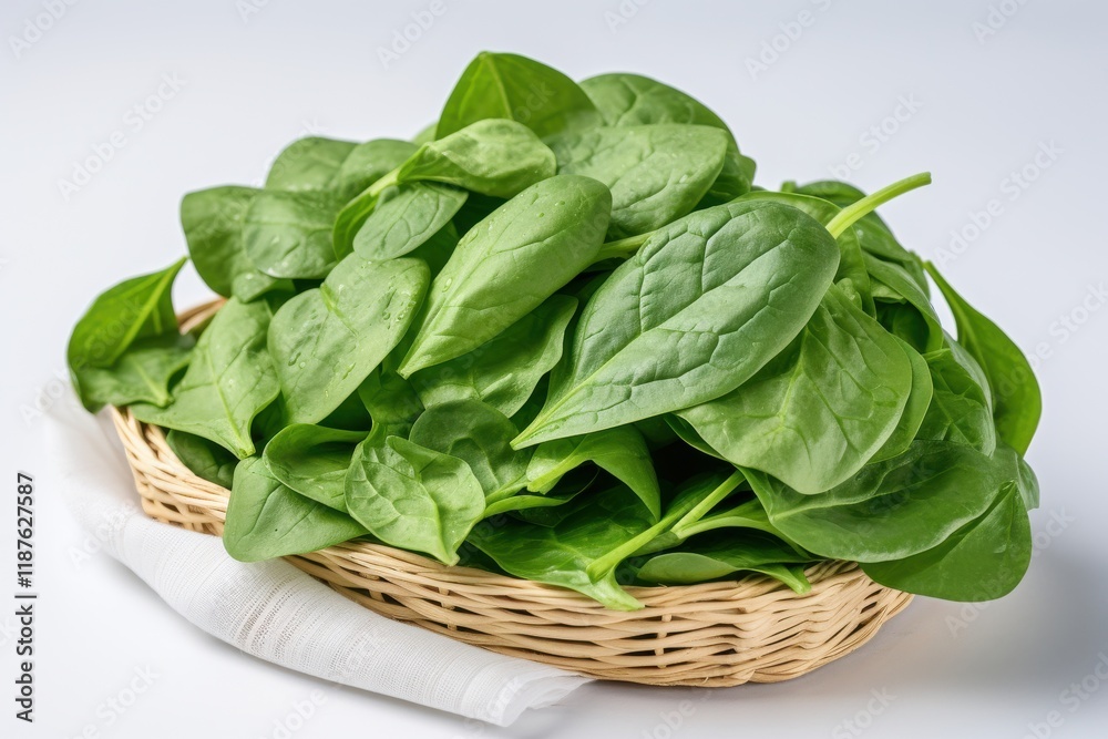 Fresh spinach leaves in a woven basket ready for cooking or salad preparation in a bright kitchen setting Fresh spinach leaves in a woven basket ready for cooking or salad preparation in a bright kitchen setting