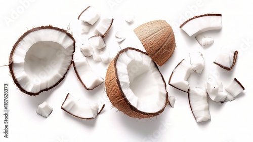 Fresh Coconut Water with Pieces of Coconut Isolated on White Background