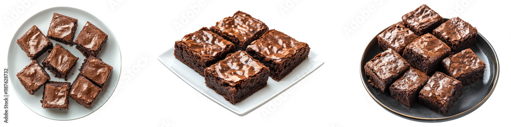 Chocolate brownie on a plate isolated on transparent background, Set of Chocolate brownie on a plate isolated on transparent background, Set of