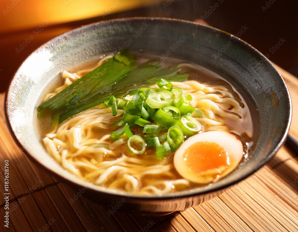 Golden Hours Capture of a Hearty Bowl of Ramen with Floating Scallions Golden Hours Capture of a Hearty Bowl of Ramen with Floating Scallions