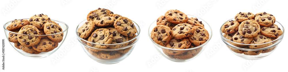 Chocolate chip cookies in a glass bowl isolated on transparent background, Set of Chocolate chip cookies in a glass bowl isolated on transparent background, Set of