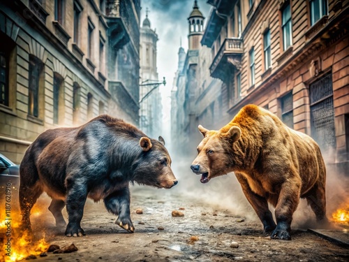 Bear vs Bull City Brawl: Candid Wildlife Conflict Stock Photo photo