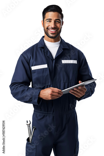 Male Technician in Navy Uniform Holding a Digital Device on Transparent Background