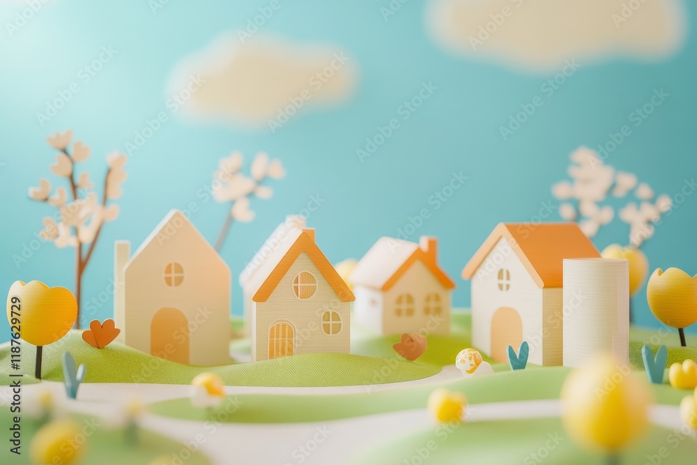 Charming springtime miniature village with colorful houses and blossoms Charming springtime miniature village with colorful houses and blossoms