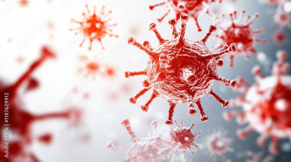 A vivid close-up of virus particles, showcasing intricate structures with red tones against a blurred background, highlighting the microscopic world of pathogens. A vivid close-up of virus particles, showcasing intricate structures with red tones against a blurred background, highlighting the microscopic world of pathogens.