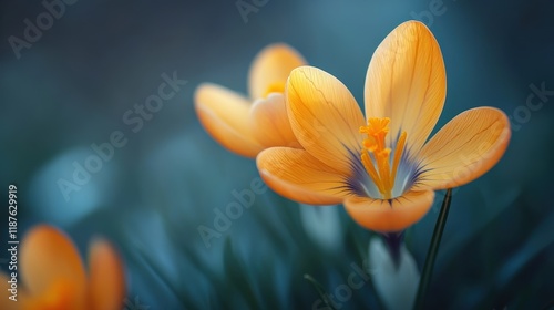 A captivating close-up photograph of vibrant orange crocus flowers blooming in the serene and soft-focus background of a lush green field in nature.