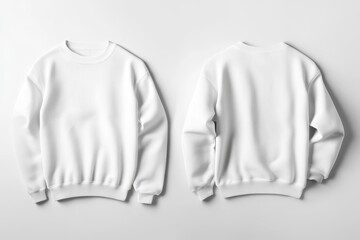 Front and back views of two white cotton crewneck sweater mockups on a plain background for fashion display