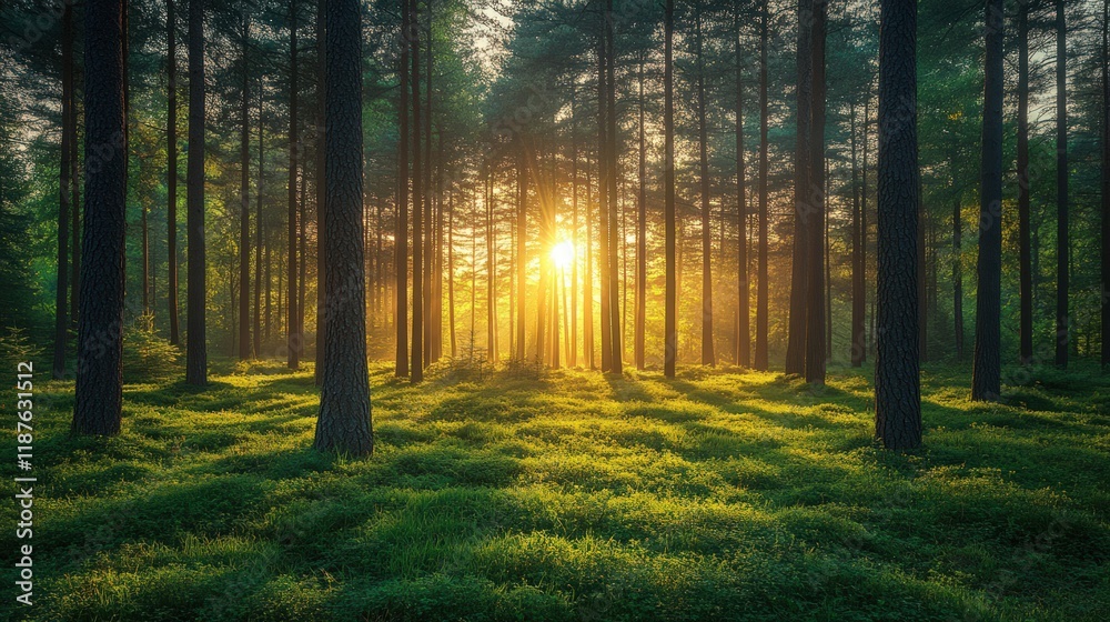 Fototapeta premium Sun rays through tall pine trees in a forest at sunset.