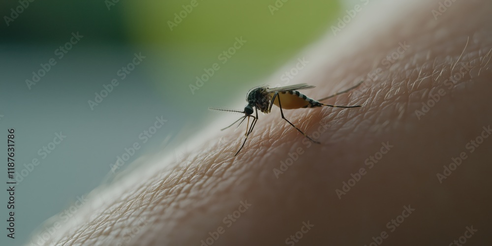 A close-up image of a mosquito drawing blood from human skin, highlighting the intricate details of the insect's anatomy and the biological interaction occurring. A close-up image of a mosquito drawing blood from human skin, highlighting the intricate details of the insect's anatomy and the biological interaction occurring.