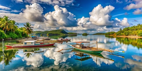 Bislig River, Philippines: Traditional Fishing Boats under a Tropical Sky photo