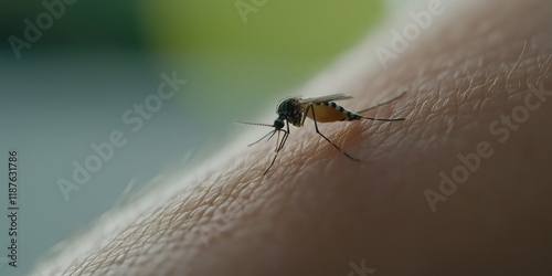 A close-up image of a mosquito drawing blood from human skin, highlighting the intricate details of the insect's anatomy and the biological interaction occurring. photo