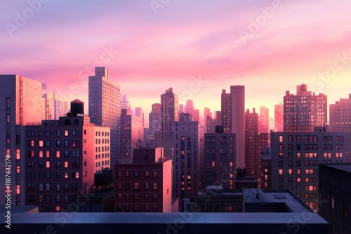 Serene urban sunset over skyscrapers in city skyline photo