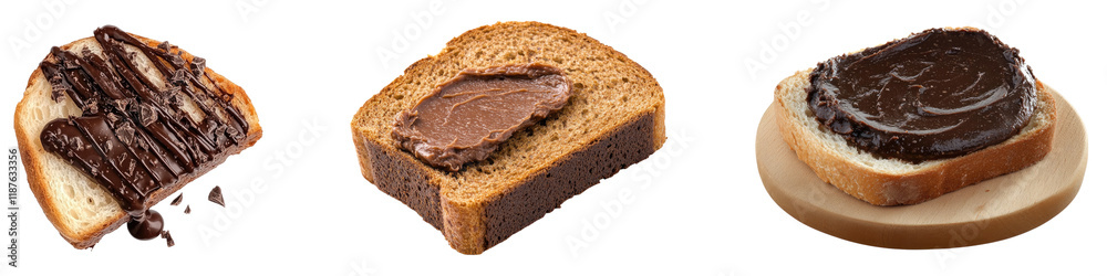 Chocolate spread on slice of bread isolated on transparent background, Set of Chocolate spread on slice of bread isolated on transparent background, Set of