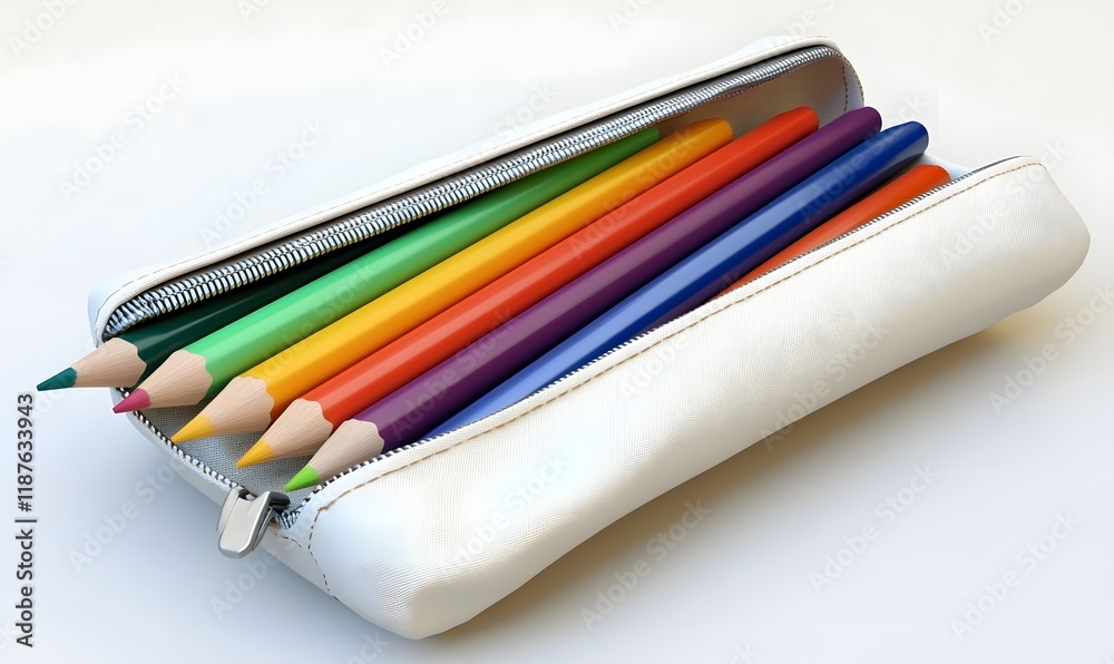 Colorful pencils inside a white zippered pencil case. Colorful pencils inside a white zippered pencil case.