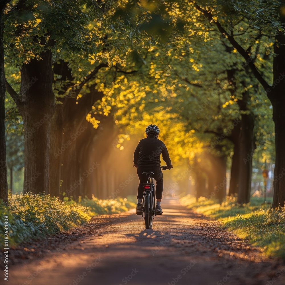 Obraz premium Serene Bicycle Ride Through Sunlit Forest Path