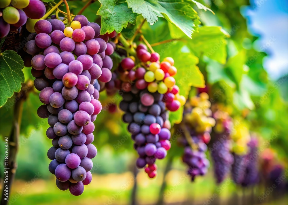 Lush Vineyard Harvest: Purple Grapes on Green Vines Lush Vineyard Harvest: Purple Grapes on Green Vines