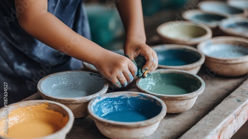 Child mixing colorful paints in bowls at creative art workshop photo