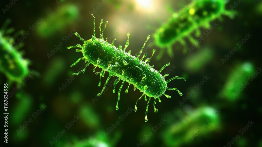 Fototapeta premium Green bacteria on a black background showcasing cellular structure and microscopic features