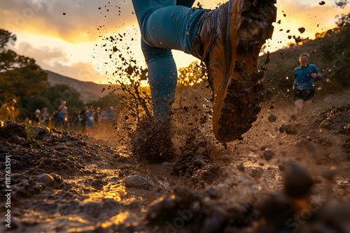 Close-up of a runner crossing the finish line in a competitive race trail running