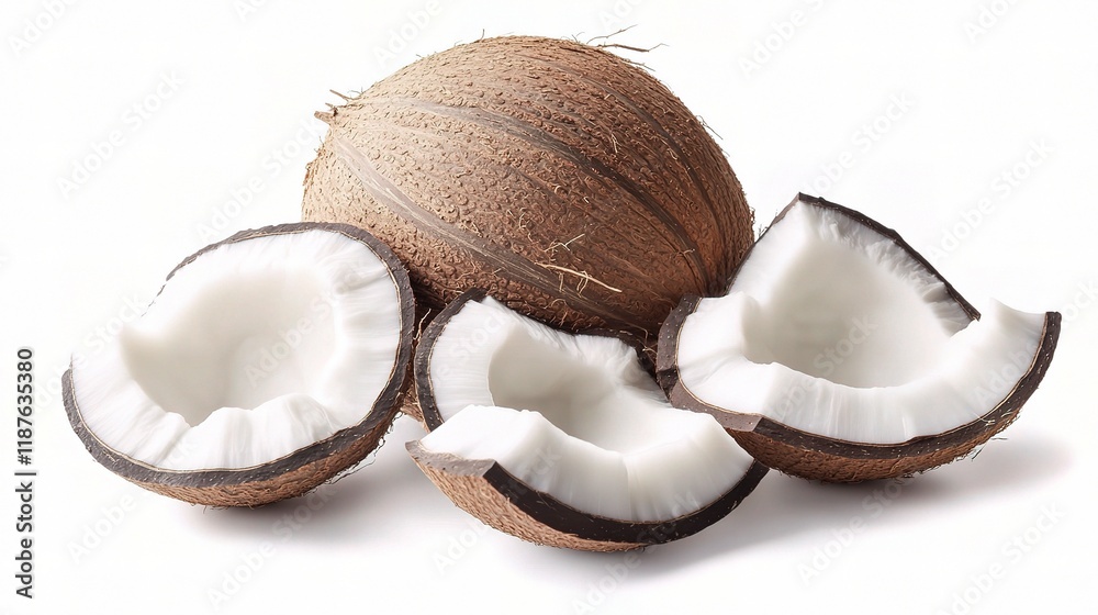 Fresh Coconut Water with Coconut Pieces Isolated on White Background Fresh Coconut Water with Coconut Pieces Isolated on White Background
