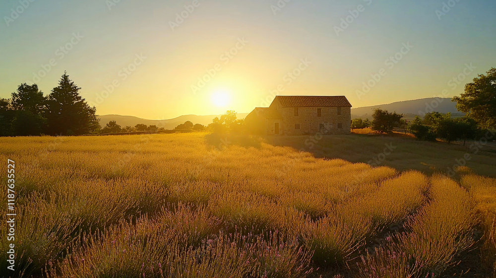 Obraz premium Picturesque Provence Sunrise. Rolling lavender fields, stone farmhouse & sunrise sky. Tranquil & idyllic landscape. Beautiful French countryside scene.
