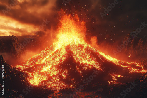 The volcano is erupting with sparks of hot larvae flowing down, the temperature of the maximum level of heat. Digital illustrations.

 photo