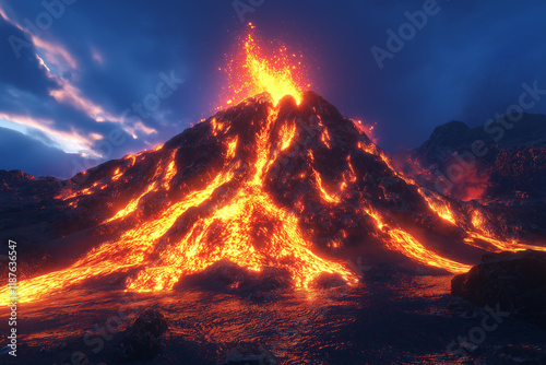 The volcano is erupting with sparks of hot larvae flowing down, the temperature of the maximum level of heat. Digital illustrations.

 photo