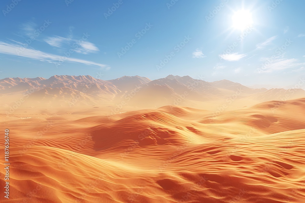 Naklejka premium Sunny desert landscape with sand dunes and mountains under a clear blue sky.