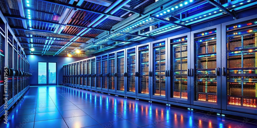 Fototapeta premium Mainframe Data Center Server Room - AI Photorealistic Rendering