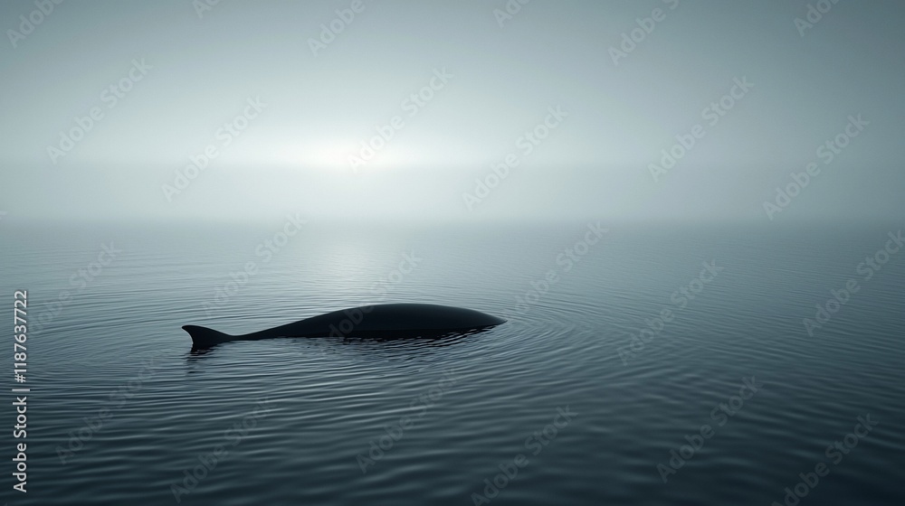 Fototapeta premium Solitary whale in calm, foggy ocean.