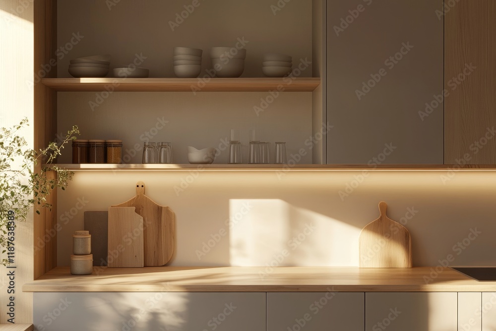Fototapeta premium Minimalist kitchen design with wooden accents and soft lighting