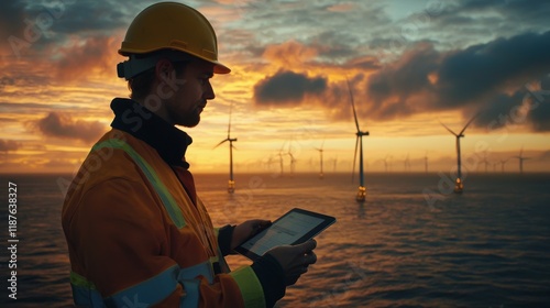 During sunset, an engineer works on a wind turbine in the ocean, with a worker maintaining the windmill against the sky and sun, highlighting the themes of energy and power photo