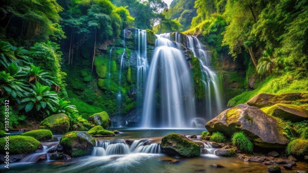 Obraz premium Majestic Waterfall in Lush Jungle, High Depth of Field, Stunning Nature