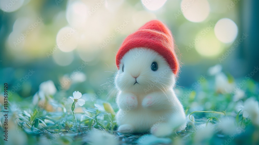 Adorable white bunny in red hat among blossoming flowers Adorable white bunny in red hat among blossoming flowers