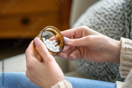 Sick asian young woman, girl holding tablet pill on hand pour capsule from medication bottle, painkiller medicine from stomach pain, head ache, pain for treatment, take drug or vitamin, health care. photo