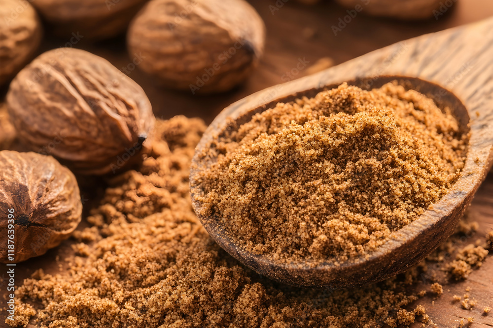 Nutmeg Spice: A close-up of ground nutmeg spice, a warm brown powder, in a wooden spoon surrounded by whole nutmeg seeds. The image evokes the rich aroma and warm flavor of the spice. Nutmeg Spice: A close-up of ground nutmeg spice, a warm brown powder, in a wooden spoon surrounded by whole nutmeg seeds. The image evokes the rich aroma and warm flavor of the spice.