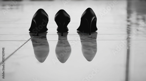 Three black high heel shoes reflecting on a tiled floor. photo