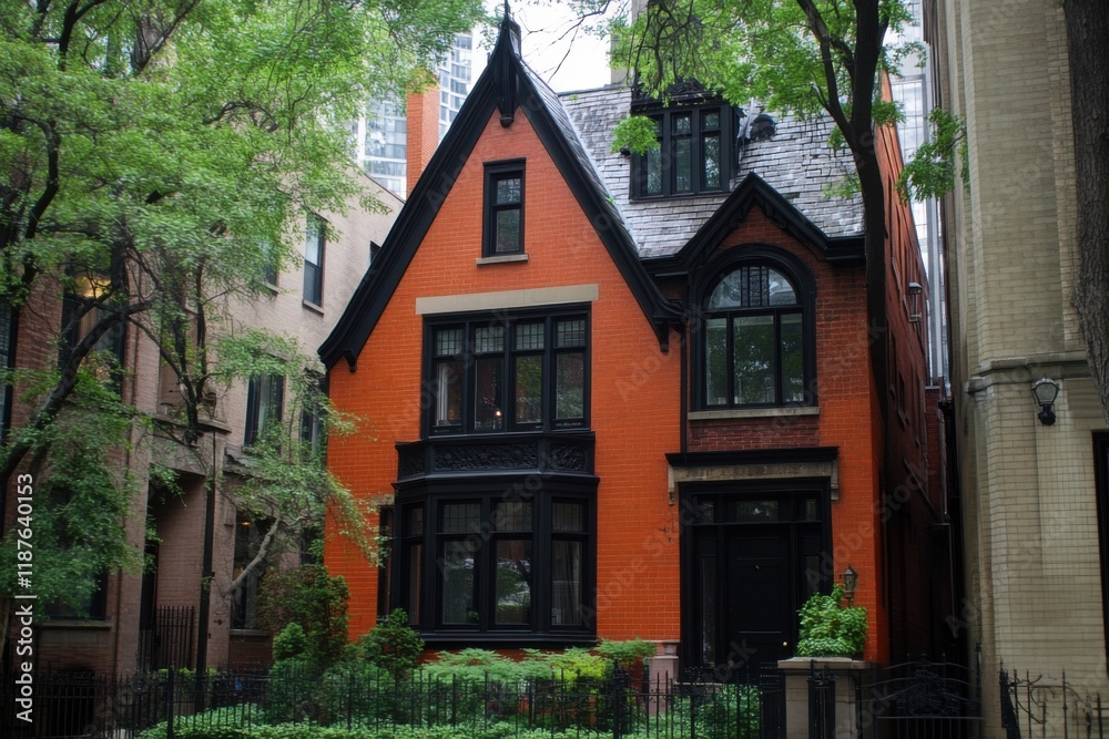 Fototapeta premium Historic brick house with black accents surrounded by greenery in an urban neighborhood showcasing architectural beauty and charm