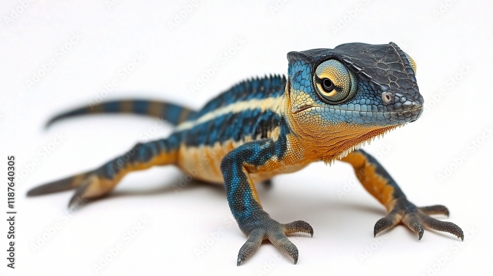Fototapeta premium Vibrant Blue and Yellow Lizard on White Background