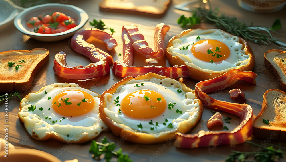 Breakfast with fried eggs, bacon, toast, and chopped tomatoes on a wooden table, with blurred plants in soft sunlight. Use for recipes Breakfast with fried eggs, bacon, toast, and chopped tomatoes on a wooden table, with blurred plants in soft sunlight. Use for recipes