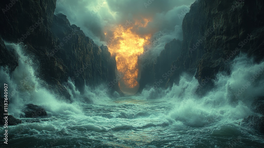 Fototapeta premium Surreal ocean waves crashing against rocky cliffs under apocalyptic fiery sky