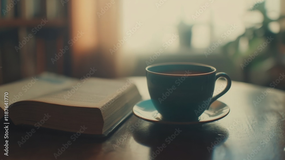 Cozy Corner Scene with a Cup of Tea and an Open Book in Warm Ambient Light, Perfect for a Relaxing Reading Atmosphere at Home Cozy Corner Scene with a Cup of Tea and an Open Book in Warm Ambient Light, Perfect for a Relaxing Reading Atmosphere at Home
