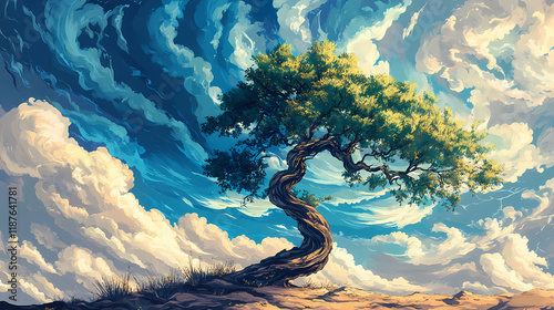 Windrad mit einem baum von unten und blauen himmel. Windshadow. Illustration
