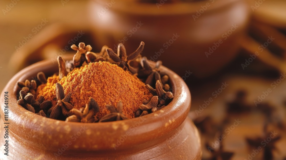 Elegant Ceramic Containers Holding Fresh Cloves Powder in a Warm and Inviting Culinary Setting with Detailed Close-Up View and Soft Artificial Light Elegant Ceramic Containers Holding Fresh Cloves Powder in a Warm and Inviting Culinary Setting with Detailed Close-Up View and Soft Artificial Light