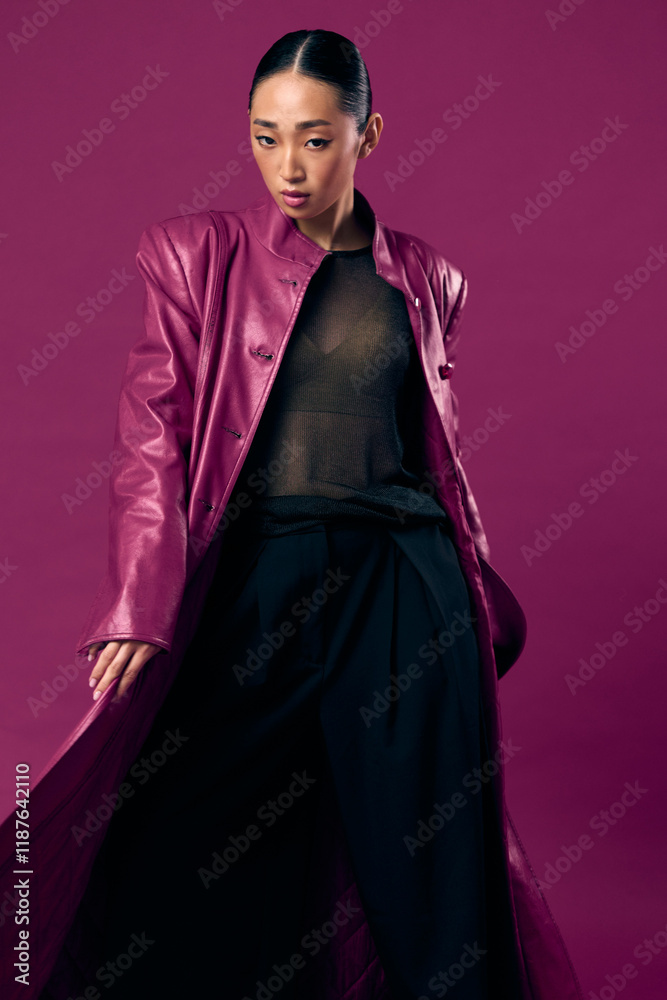 Naklejka premium Fashion asian woman wearing a purple leather coat and black pants posing with eyes closed against a purple background